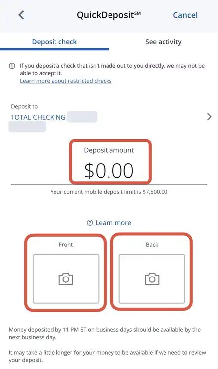 ChaseアプリのQuickDeposit画面。金額を入れて小切手の表と裏を撮影する