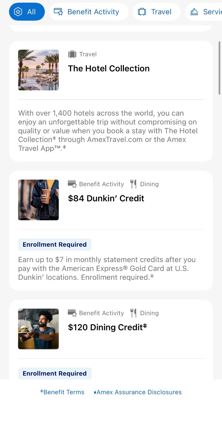 Amexアプリの特典一覧の画面