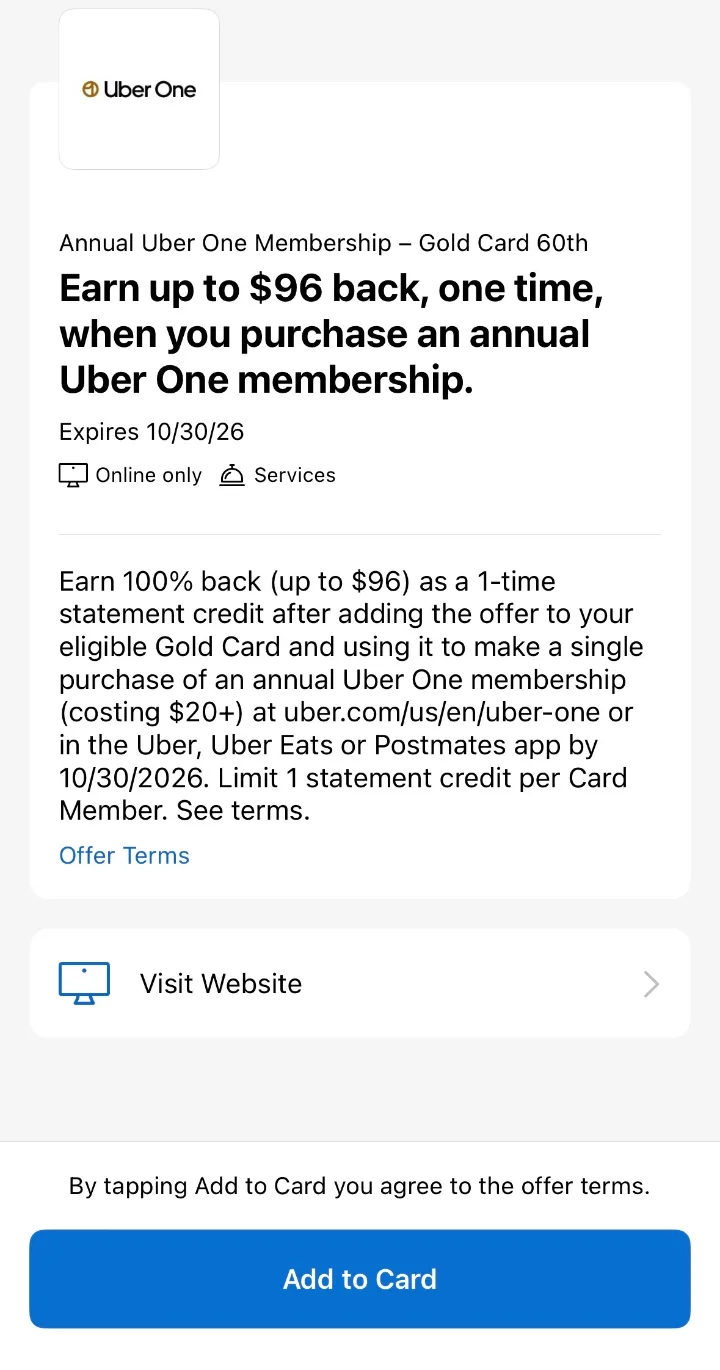Amex OffersのUber One年会費オファーの画面